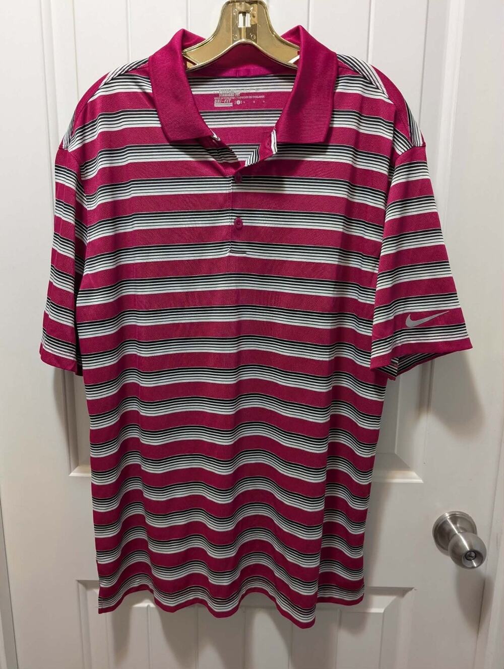 Nike Golf Dri-Fit Polo Shirt Short Sleeve Pink/Black Striped Men’s L Athletic